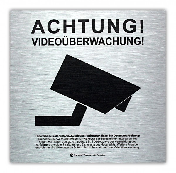 Datenschutz-Schild 15x15cm | Achtung! Video-Überwachung | Aluminium (gebürstet)